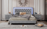 English Elm 3-Pieces Bedroom Sets,Queen Size Upholstered Platform Bed With Led Lights and Two Nightstands-Gray