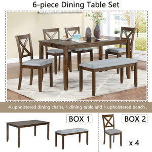 English Elm 6 Piece Kitchen Dining Set - Modern Walnut Table With 4 Upholstered Chairs & Bench For 6 People W1998S00008
