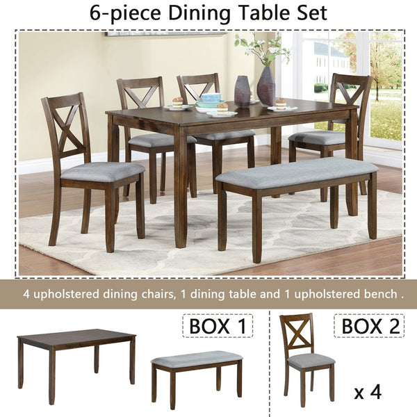English Elm 6 Piece Kitchen Dining Set - Modern Walnut Table With 4 Upholstered Chairs & Bench For 6 People W1998S00008