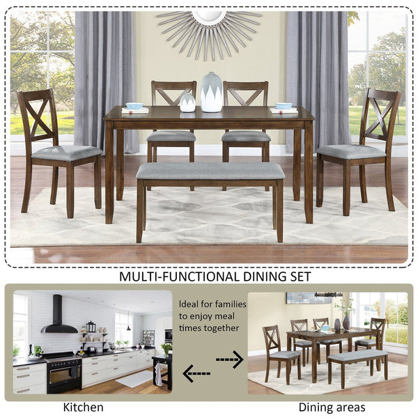 English Elm 6 Piece Kitchen Dining Set - Modern Walnut Table With 4 Upholstered Chairs & Bench For 6 People W1998S00008