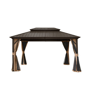 English Elm 10' Hardtop Gazebo 10' X 12' Aluminum Pavilion with Double Roof, Curtains & Netting for Patio Brown W1859S00050
