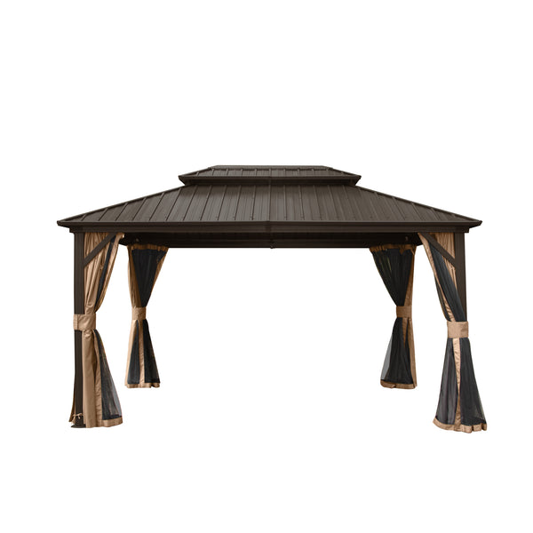 English Elm 10' Hardtop Gazebo 10' X 12' Aluminum Pavilion with Double Roof, Curtains & Netting for Patio Brown W1859S00050