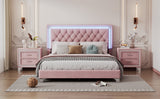 English Elm Queen Size Upholstered Bed Frame With Led Lights,Modern Velvet Platform Bed With Tufted Headboard,Pink