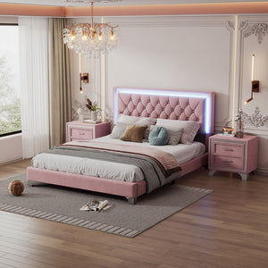 English Elm 3-Pieces Bedroom Sets,Queen Size Upholstered Platform Bed With Led Lights and Two Nightstands-Pink