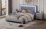 English Elm 3-Pieces Bedroom Sets,Queen Size Upholstered Platform Bed With Led Lights and Two Nightstands-Gray