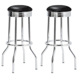 Retro Black Leatherette Bar Stools Set, Chrome Legs, Footrest - Nostalgic 1950s Design - 19x19x30