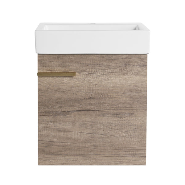 English Elm 18 inch Wall-Mounted Vanity with Ceramic Sink Top, Eco Plywood Cabinet, Dual Handles, Sleek Minimalist Design W999P149895