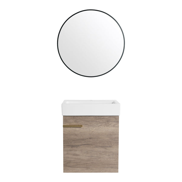 English Elm 18 inch Wall-Mounted Vanity with Ceramic Sink Top, Eco Plywood Cabinet, Dual Handles, Sleek Minimalist Design W999P149895