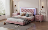 English Elm Queen Size Upholstered Bed Frame With Led Lights,Modern Velvet Platform Bed With Tufted Headboard,Pink