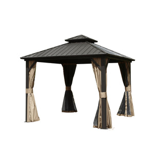 English Elm 10' Gazebo Hardtop 10' X 10' Aluminum Pavilion with Double Roof, Curtains & Mesh for Patio Brown W1859S00048