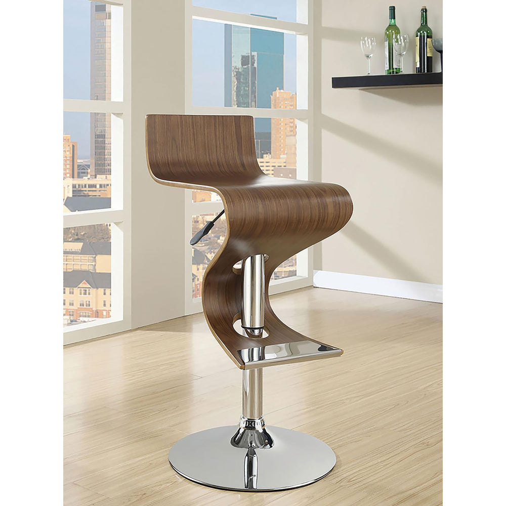 English Elm Walnut S-Shaped Adjustable Bar Stool with Chrome Frame, Bentwood Seat, 375 lb Capacity, Modern Flair B062P153511