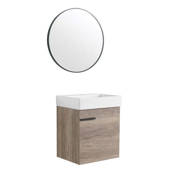 English Elm 18 inch Wall-Mounted Vanity with Ceramic Sink Top, Eco Plywood Cabinet, Dual Handles, Sleek Minimalist Design W999P149895