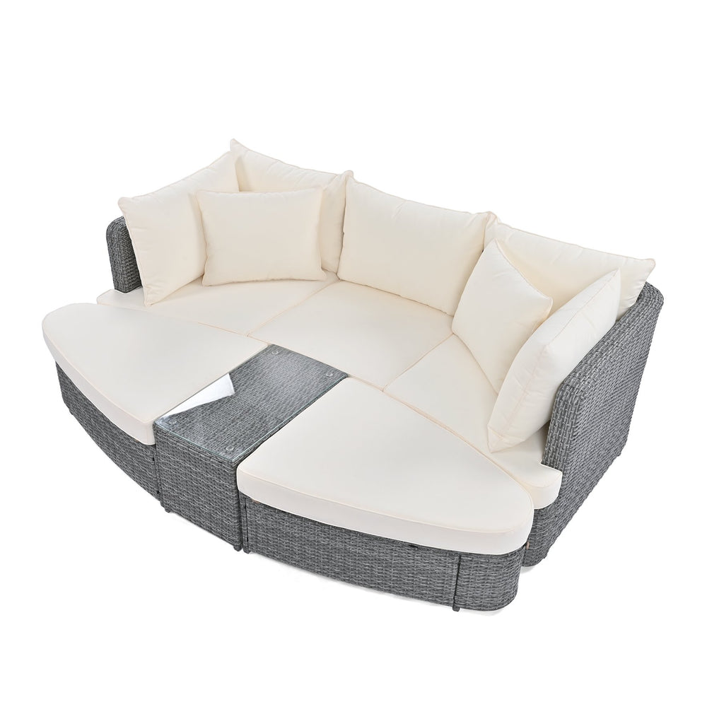 English Elm TOPMAX 6-Piece Patio Conversation Sofa Set with Modular Seating, Thick Cushions & Tempered Glass Table Beige SP100020AAA