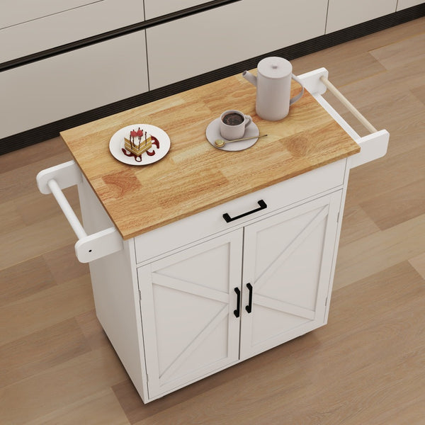 English Elm Kitchen Rolling Island Cart with Rubber Wood Top Towel Rack and Adjustable Shelves W282108546