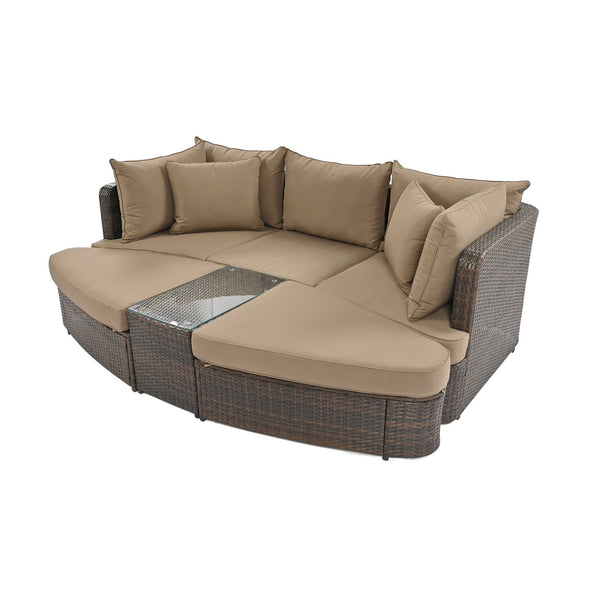 English Elm TOPMAX 6-Piece Patio Conversation Sofa Set with Modular Seating, Thick Cushions & Tempered Glass Table Brown SP100020AAE