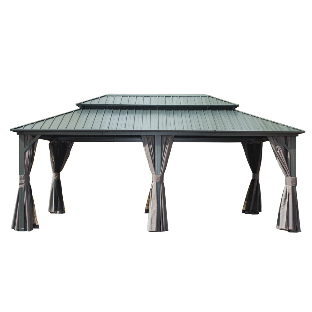 English Elm 12' 12 Ft X 20 Ft Aluminum Hardtop Gazebo with Steel Roof Netting and Curtains Patio W1859S00061