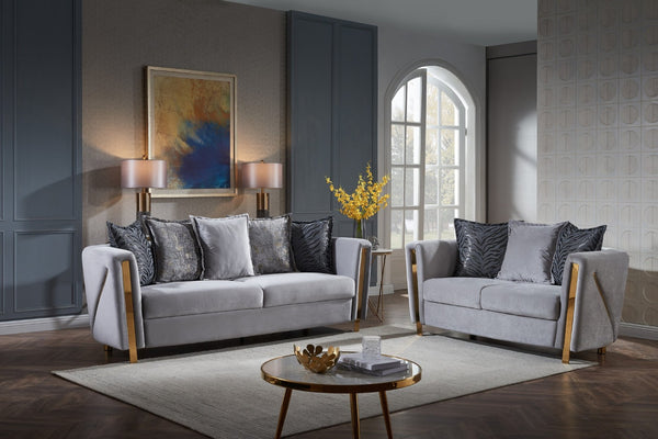 English Elm Thick Velvet Fabric Living Room Set - Luxurious Gray Upholstered Sofa & Loveseat With Gold Accents B009S01285-GIGA