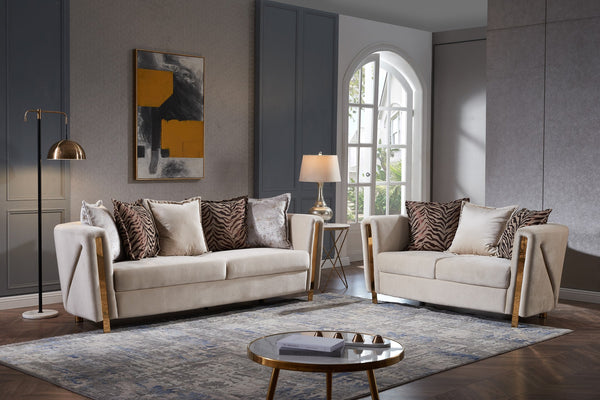 English Elm Thick Chanelle Loveseat in Gold-Finished Solid Wood Frame, Sumptuous Beige Velvet Seating for Two (98) B009P153971