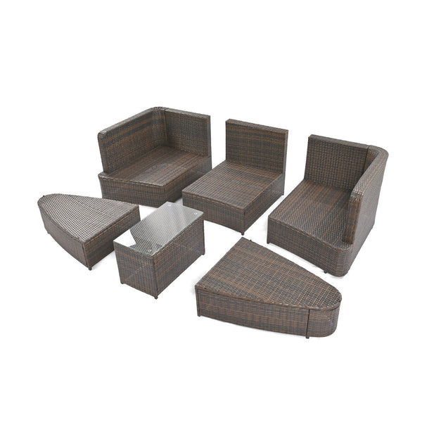 English Elm TOPMAX 6-Piece Patio Conversation Sofa Set with Modular Seating, Thick Cushions & Tempered Glass Table Brown SP100020AAE