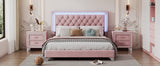 English Elm Queen Size Upholstered Bed Frame With Led Lights,Modern Velvet Platform Bed With Tufted Headboard,Pink