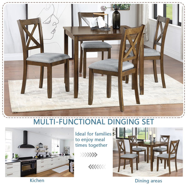 English Elm Elegant 5-Piece Walnut Dining Table Set With 4 Ergonomic Chairs For Modern Kitchen & Living Spaces W1998S00024