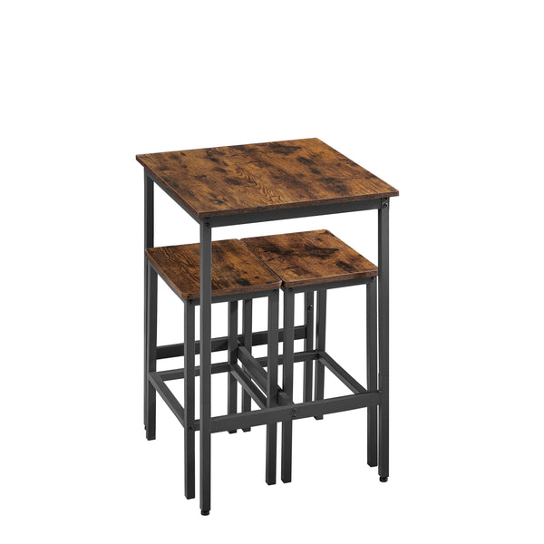 English Elm Bar Table Set Rustic Brown & Black with 2 Industrial Bar Chairs, Space-Saving Stable H-Frame, Waterproof Surface, Adjustable Feet — 23.6"x23.6"x35.4" W1668P143123