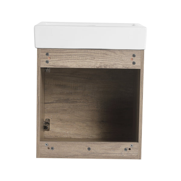 English Elm 18 inch Wall-Mounted Vanity with Ceramic Sink Top, Eco Plywood Cabinet, Dual Handles, Sleek Minimalist Design W999P149895