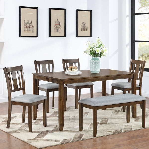 English Elm 6 Piece Walnut Dining Set - Modern Rectangular Table With Upholstered Chairs & Versatile Bench W1998S00011