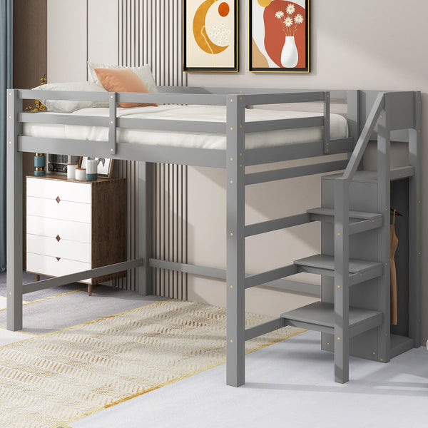English Elm Full Full Size Loft Bed with Built-In Wardrobe, Staircase Storage and Space-Saving Design for Small Rooms Gray SM000527AAE-1