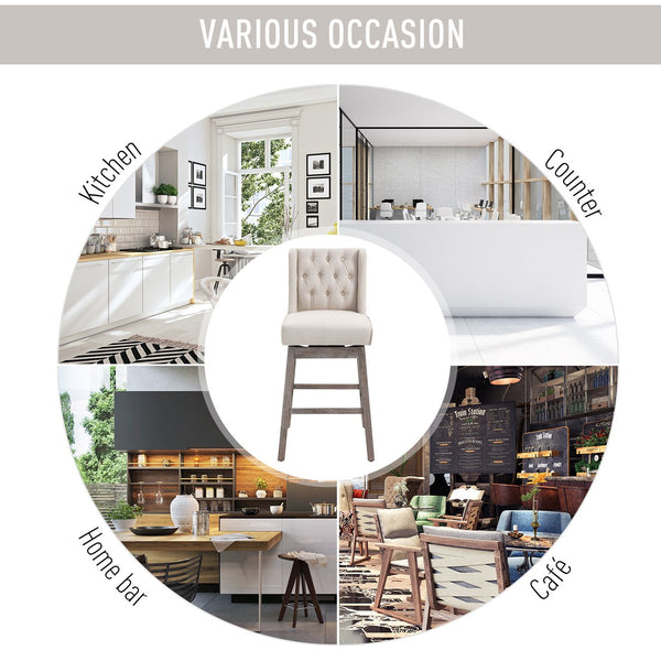 English Elm Bar Height Vintage Button-Tufted Swivel Bar Stools Set of 2, 30" Seat, Solid Wood Footrests, Beige W2225P153958