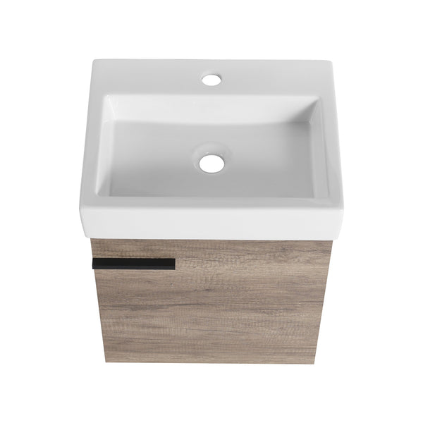 English Elm 18 inch Wall-Mounted Vanity with Ceramic Sink Top, Eco Plywood Cabinet, Dual Handles, Sleek Minimalist Design W999P149895