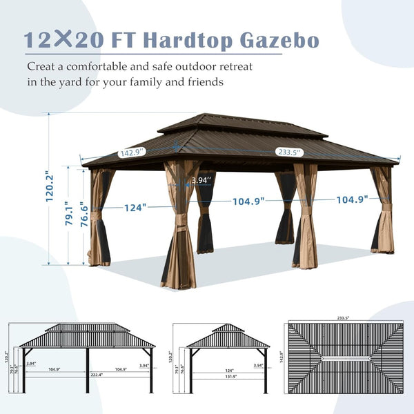 English Elm 12' 12 X 20 Ft Hardtop Gazebo Aluminum Frame Galvanized Steel Roof Outdoor Pavilion W1859S00171