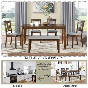 English Elm 6 Piece Walnut Dining Set - Modern Rectangular Table With Upholstered Chairs & Versatile Bench W1998S00011