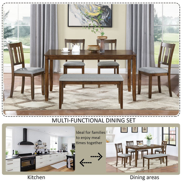 English Elm 6 Piece Walnut Dining Set - Modern Rectangular Table With Upholstered Chairs & Versatile Bench W1998S00011