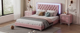 English Elm 3-Pieces Bedroom Sets,Queen Size Upholstered Platform Bed With Led Lights and Two Nightstands-Pink