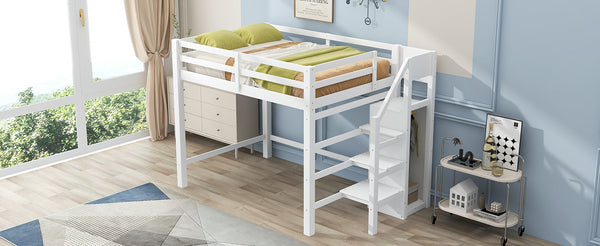 English Elm Full Full Size Loft Bed with Built-In Wardrobe, Staircase Storage and Space-Saving Design for Small Rooms White SM000527AAK-1