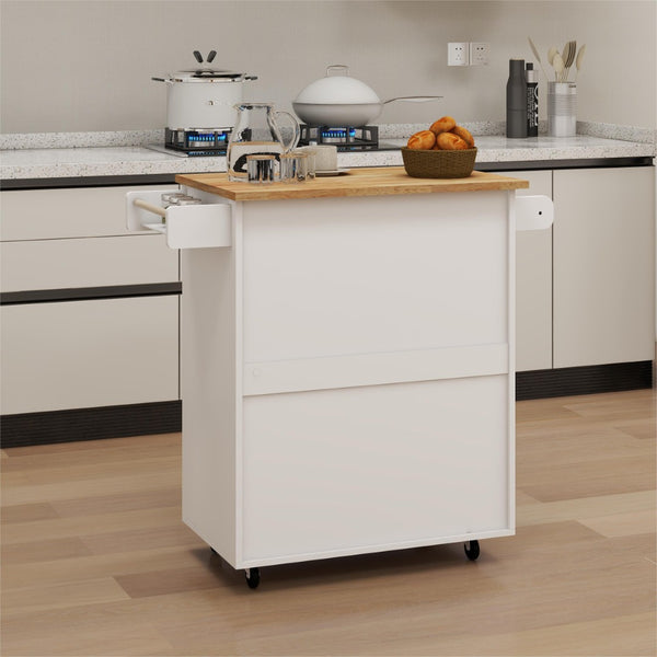 English Elm Kitchen Rolling Island Cart with Rubber Wood Top Towel Rack and Adjustable Shelves W282108546