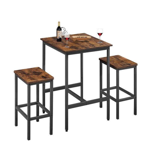 English Elm Bar Table Set Rustic Brown & Black with 2 Industrial Bar Chairs, Space-Saving Stable H-Frame, Waterproof Surface, Adjustable Feet — 23.6"x23.6"x35.4" W1668P143123