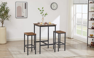 English Elm Bar Table Set Rustic Brown & Black with 2 Industrial Bar Chairs, Space-Saving Stable H-Frame, Waterproof Surface, Adjustable Feet — 23.6"x23.6"x35.4" W1668P143123