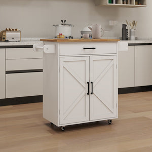 English Elm Kitchen Rolling Island Cart with Rubber Wood Top Towel Rack and Adjustable Shelves W282108546