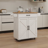Kitchen Island Rolling Trolley Cart with Adjustable Shelves & Towel Rack & Seasoning Rack Rubber Wood Table Top-White