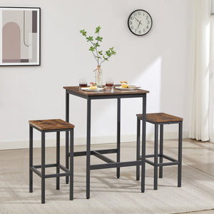 English Elm Bar Table Set Rustic Brown & Black with 2 Industrial Bar Chairs, Space-Saving Stable H-Frame, Waterproof Surface, Adjustable Feet — 23.6"x23.6"x35.4" W1668P143123