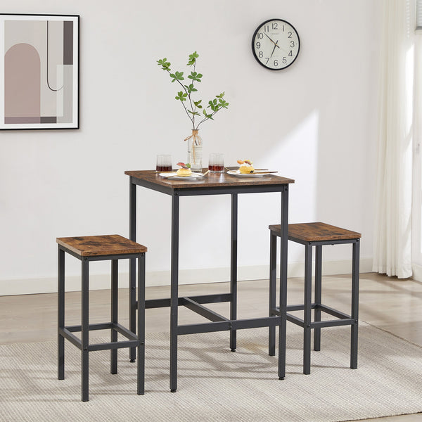 English Elm Bar Table Set Rustic Brown & Black with 2 Industrial Bar Chairs, Space-Saving Stable H-Frame, Waterproof Surface, Adjustable Feet — 23.6"x23.6"x35.4" W1668P143123