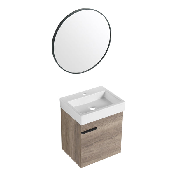 English Elm 18 inch Wall-Mounted Vanity with Ceramic Sink Top, Eco Plywood Cabinet, Dual Handles, Sleek Minimalist Design W999P149895
