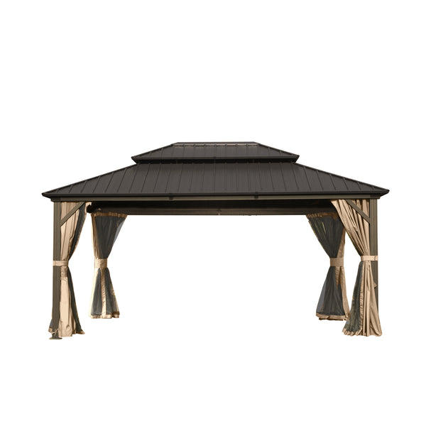 English Elm 10' Hardtop Gazebo Pavilion with Double Roof, Aluminum & Galvanized Steel, Curtains & Netting for Outdoor Living Brown W1859S00052