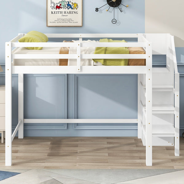 English Elm Full Full Size Loft Bed with Built-In Wardrobe, Staircase Storage and Space-Saving Design for Small Rooms White SM000527AAK-1