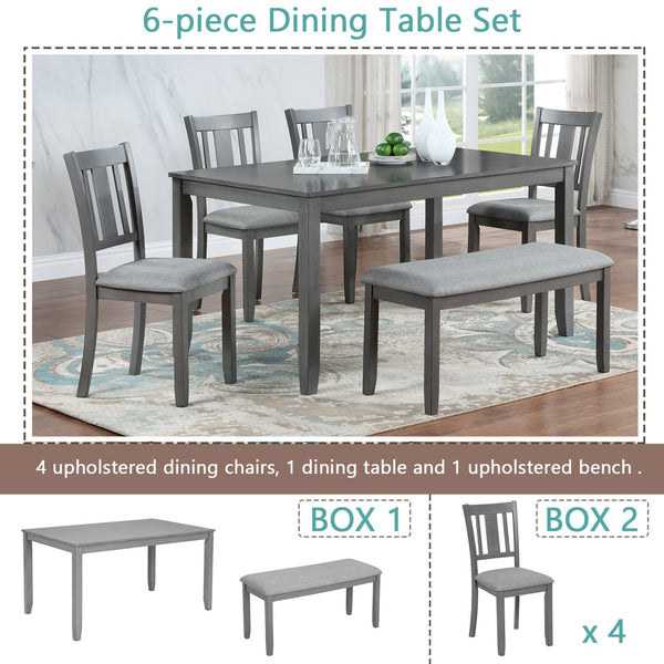 English Elm 6 Piece Kitchen Dining Set - Modern Gray Rectangular Table With 4 Chairs & Versatile Bench For 6 W1998S00007