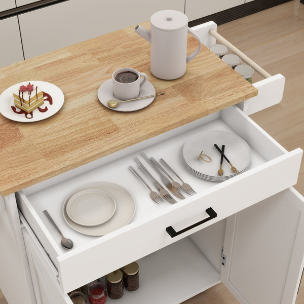 English Elm Kitchen Rolling Island Cart with Rubber Wood Top Towel Rack and Adjustable Shelves W282108546