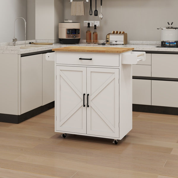 English Elm Kitchen Rolling Island Cart with Rubber Wood Top Towel Rack and Adjustable Shelves W282108546