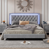 English Elm Queen Size Upholstered Bed Frame With Led Lights,Modern Velvet Platform Bed With Tufted Headboard,Gray